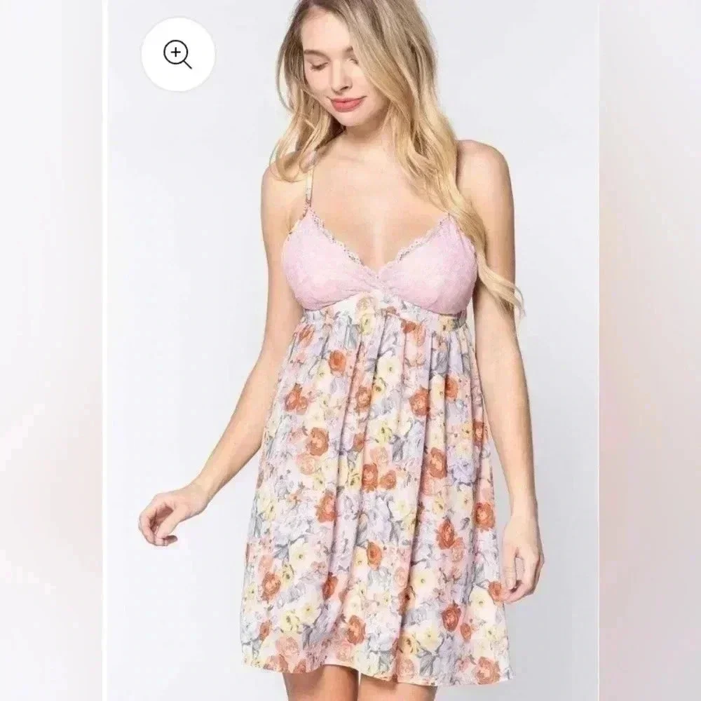 Active USA Floral Pink Lace Babydoll Mini Dress - Picture 1 of 13